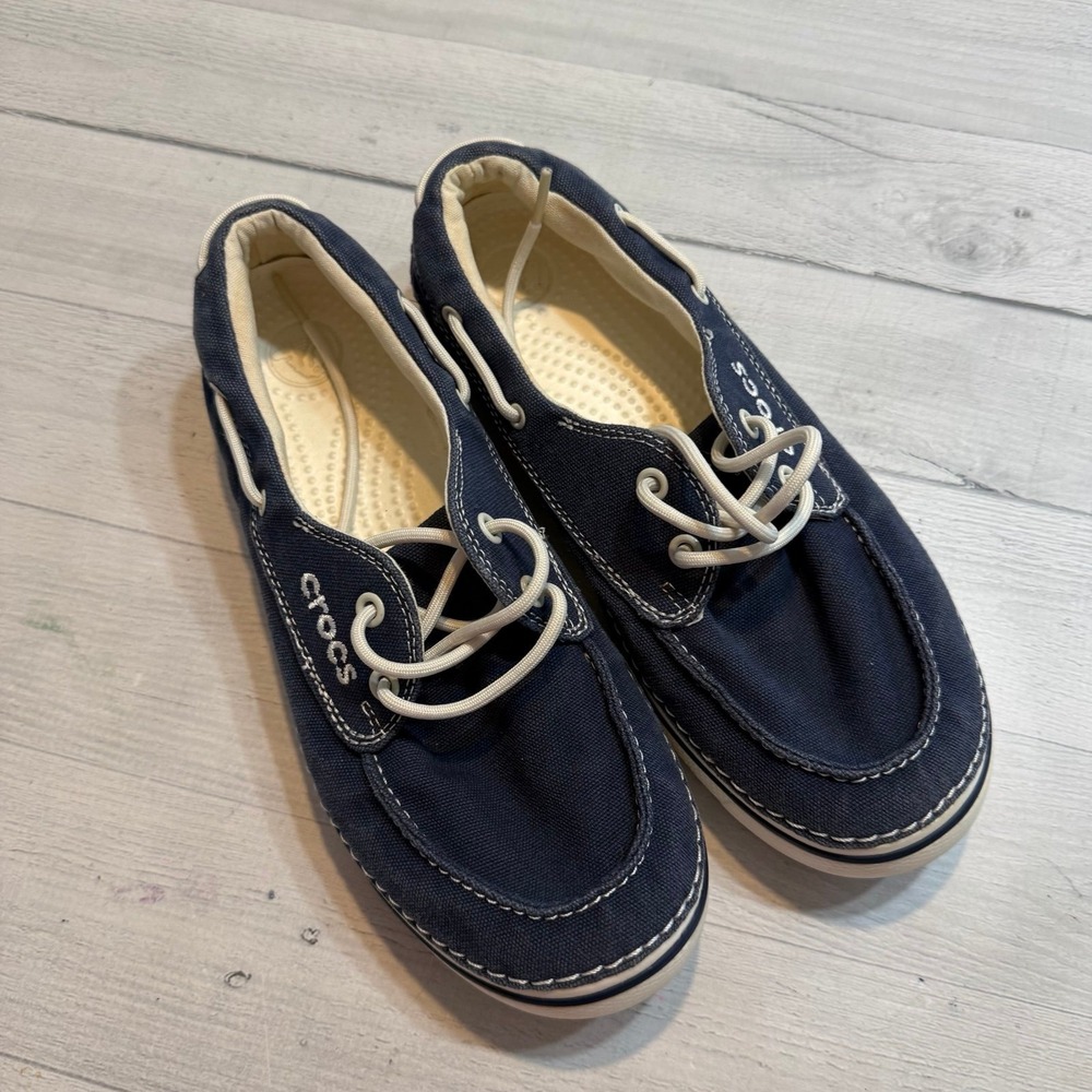 Crocs Hover Boat Shoe Nautical Navy Blue Canvas Lace Up Loafers Slip On Womens 9